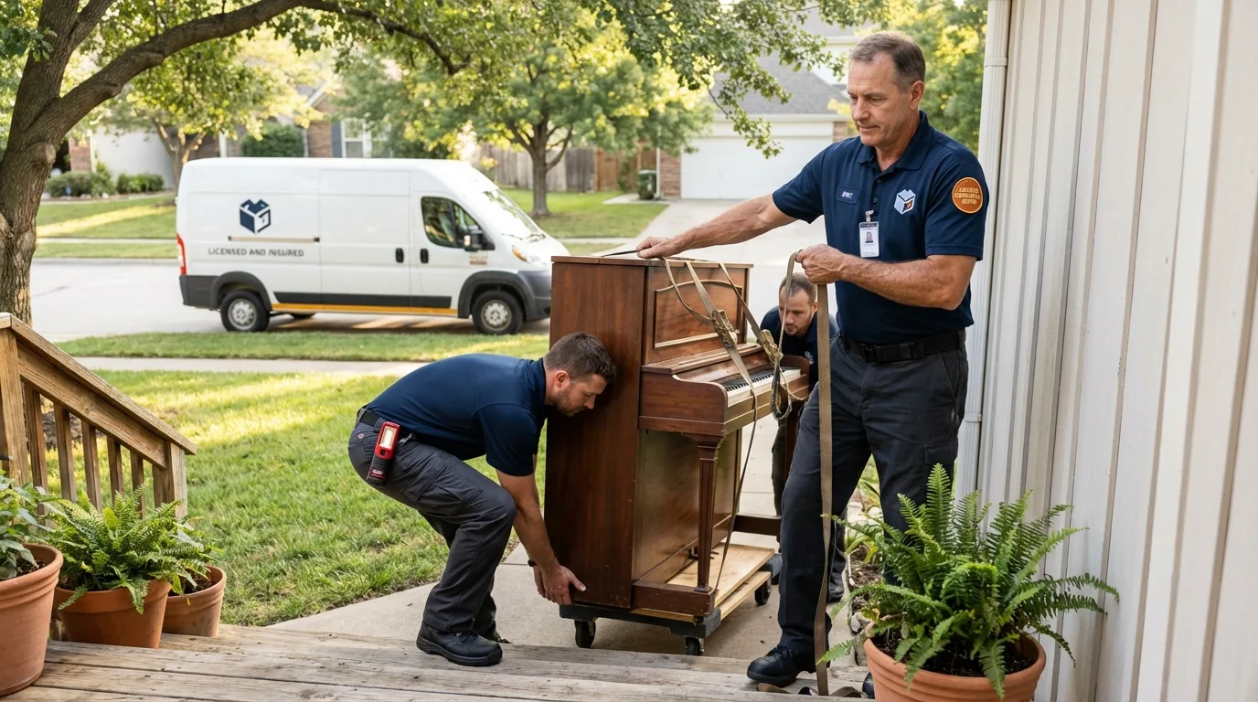 Licensed piano movers securing grand piano in Berkley, MI