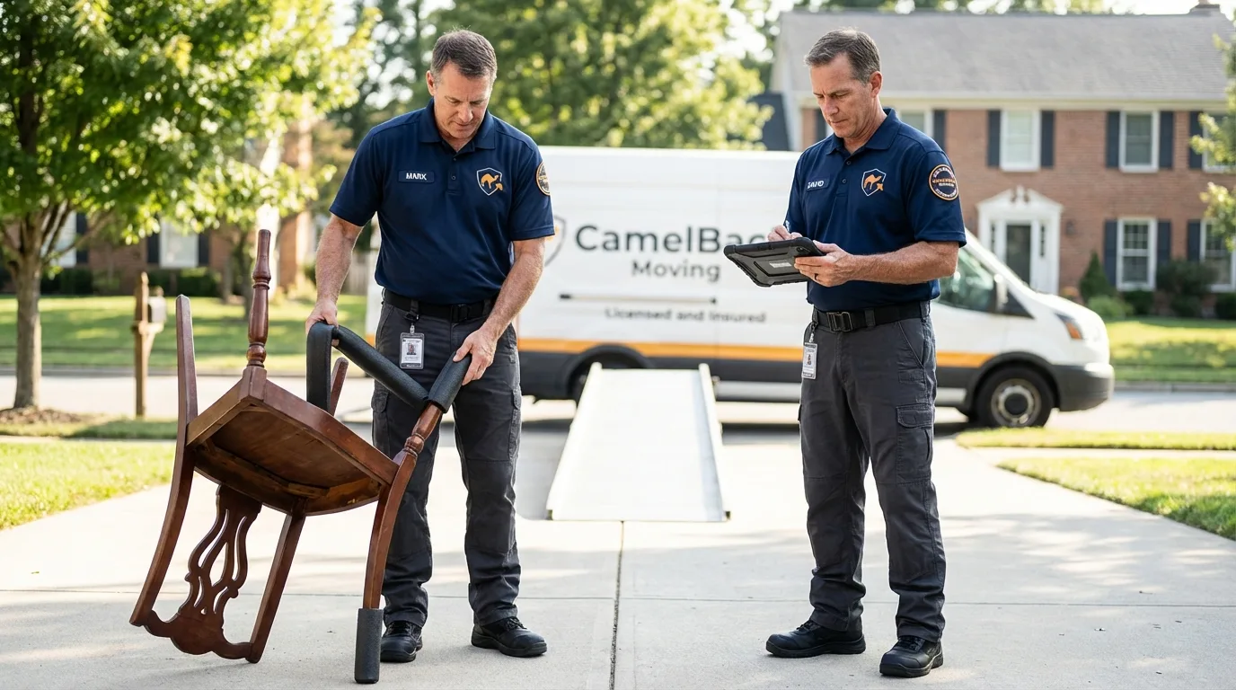 Movers inspecting furniture for damage prevention before loading in Berkley, MI